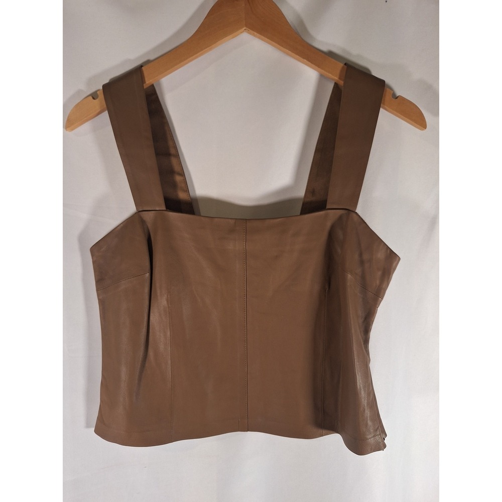 Vince Brown Lamb Leather Cropped Tank Top Square Neck Side Zip Ribbed Back Sz 6